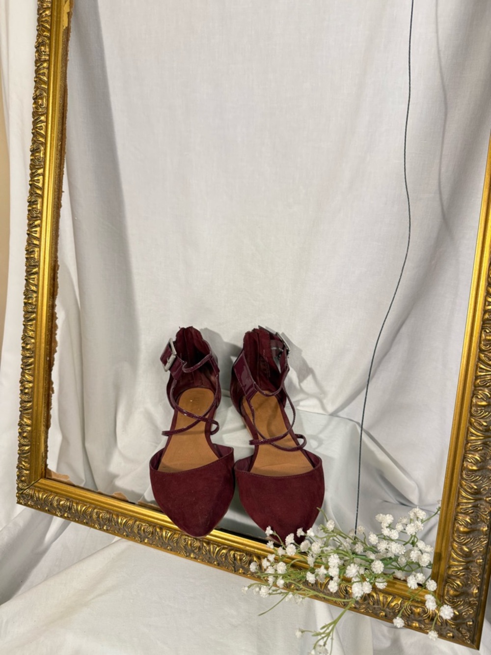 Women's Burgundy Pointed-Toe Strappy Flats